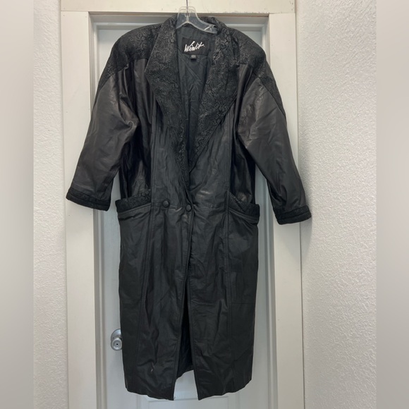 Vintage Winlit Leather Trench Coat Black Paisley Long Jacket Size M - Picture 2 of 8